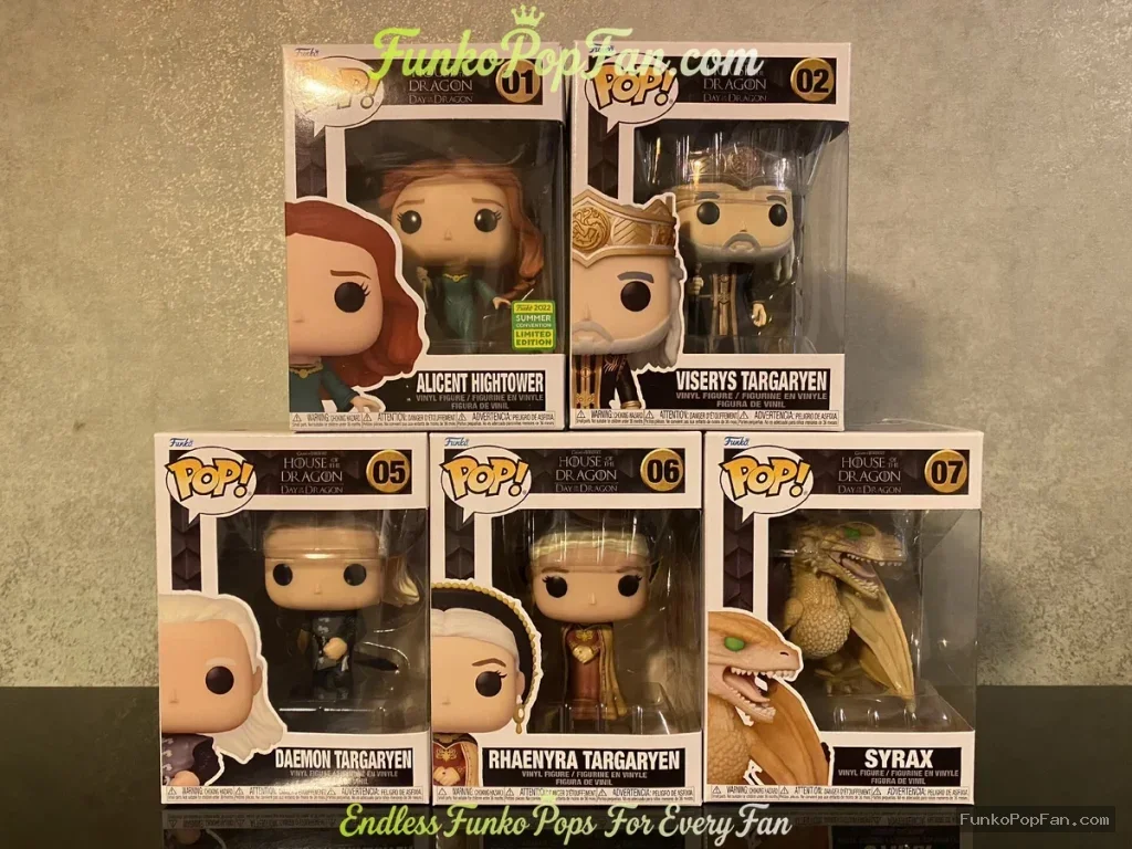 Bundle [LOT] +7pcs Funko Pop House Of The Dragon Alicent Hightower #01 Viserys Targaryen #02 Daemon Targaryen #05 Rhaenyra Targaryen #06 Syrax #07 Vinyl Figure Bobblehead Vaulted Collectible With Protector Funko Pop Figure