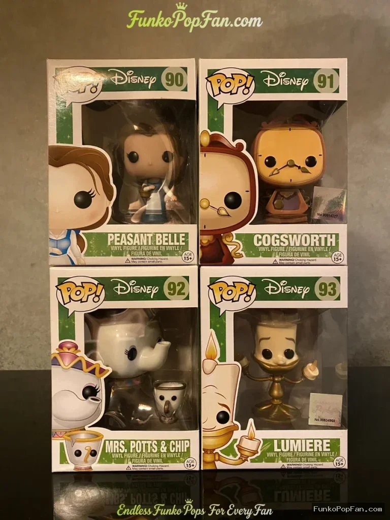 Bundle Funko Pop! Disney Beauty and the Beast #90 Peasant Belle / Cogsworth #91 / Mrs. Potts & Chip #92 / Lumiere #93 Vinyl Figure Bobblehead Vaulted Collectible With Protector Funko Pop Figure