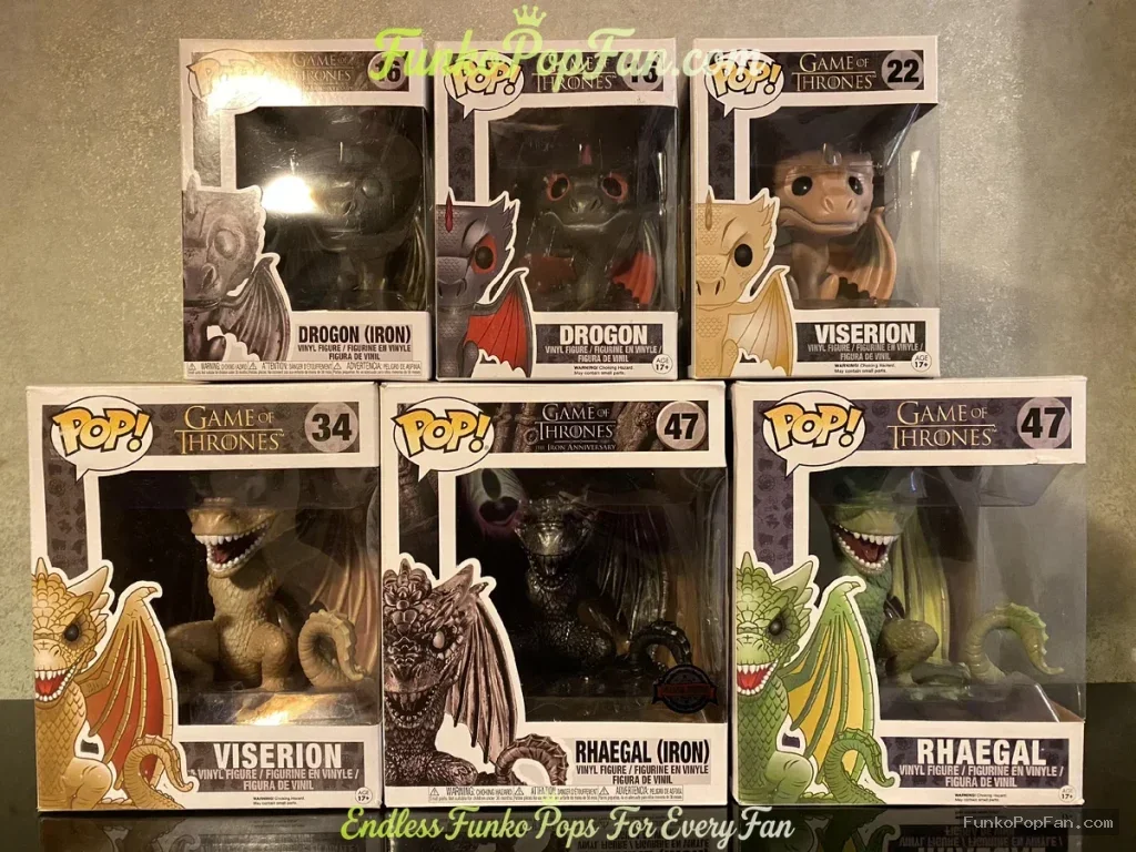 Bundle Funko Pop! Game of Thrones Dragons #16 Drogon (Iron) / Drogon #22 / Viserion #34 / Rhaegal (Iron) #47 / Rhaegal #47 Vinyl Figure Bobblehead Vaulted Collectible With Protector Funko Pop Figure