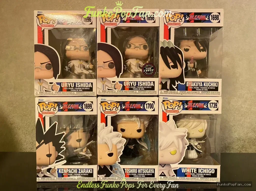 Bundle Funko Pop! Bleach Character Collection #1695 Uryu Ishida / Byakuya Kuchiki #1696 / Kenpachi Zaraki #1699 / Toshiro Hitsugaya #1700 / White Ichigo #1739 Vinyl Figure Bobblehead Vaulted Collectible With Protector Funko Pop Figure