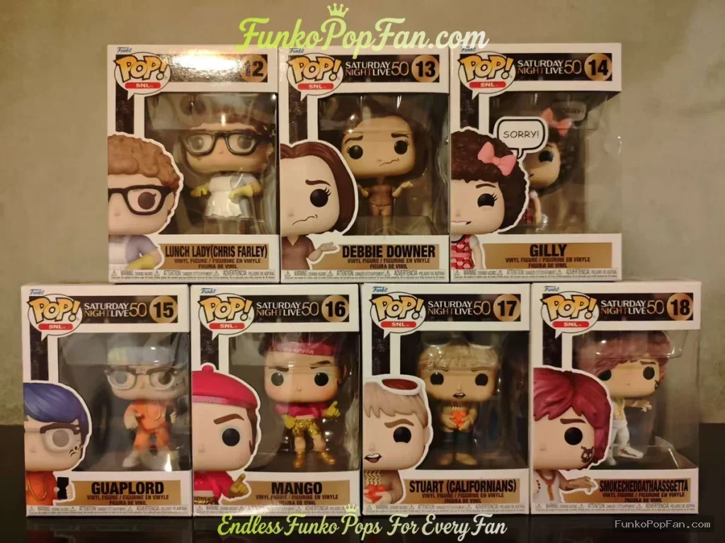 Bundle Funko Pop! Saturday Night Live Lenny Weinrib Fahey #12 / Debbie Downer #13 / Gilly #14 / Guaplord #15 / Mango #16 / Stuart (Californians) #17 / Wendie Malick #18 Vinyl Figure Bobblehead Vaulted Collectible With Protector Funko Pop Figure