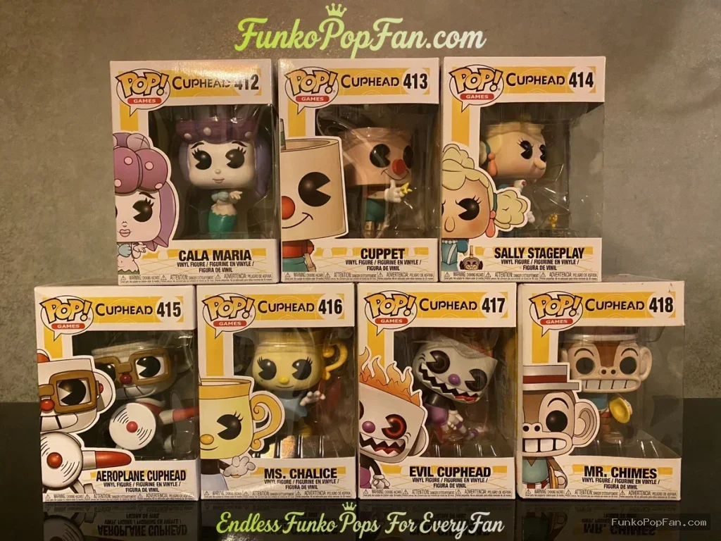 Bundle [LOT] +7pcs Funko Pop Cuphead Cala Maria #412 Cuppet #413 Sally Stageplay #414 Aeroplane Cup #415 Ms. Chalice #416 Evil Cuphead #417 Mr. Chimes #418 Vinyl Figure Bobblehead Vaulted Collectible With Protector Funko Pop Figure