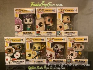 Bundle [LOT] +7pcs Funko Pop Cuphead Cala Maria #412 Cuppet #413 Sally Stageplay #414 Aeroplane Cup #415 Ms. Chalice #416 Evil Cuphead #417 Mr. Chimes #418 Vinyl Figure Bobblehead Vaulted Collectible With Protector Funko Pop Figure