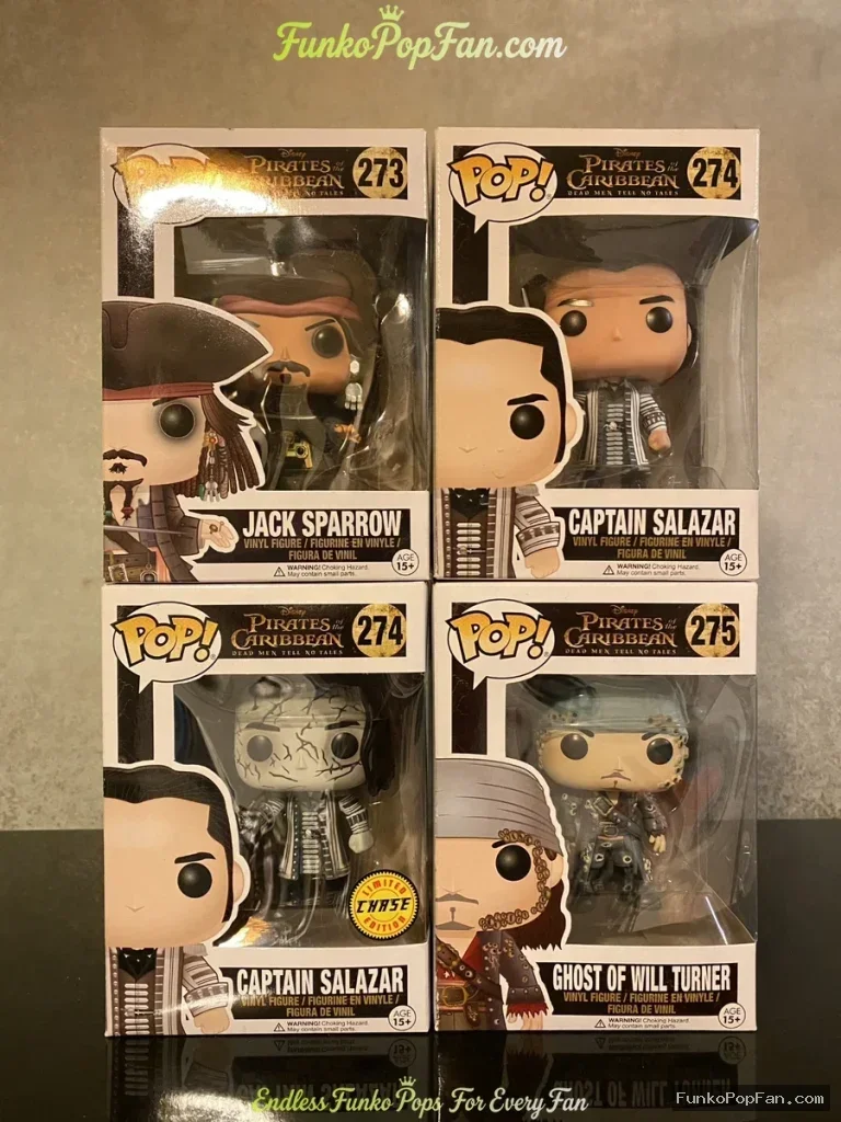 Bundle Funko Pop Pirates of the Caribbean #273 Jack Sparrow / #274 Captain Salazar / #274 Captain Salazar (Chase) / #275 Ghost of Will Turner Vinyl Figure Bobblehead Vaulted Collectible With Protector Funko Pop Figure