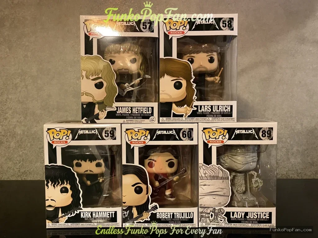 Bundle Funko Pop Metallica James Hetfield #57 / Lars Ulrich #58 / Kirk Hammett #59 / Robert Trujillo #60 / Lady Justice #89 Vinyl Figure Bobblehead Vaulted Collectible With Protector Funko Pop Figure